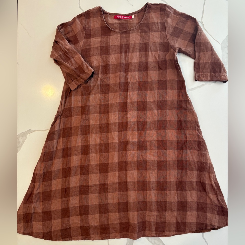 Pyne & Smith Brown Checkered Dress, Excellent Condition.  100% Linen.